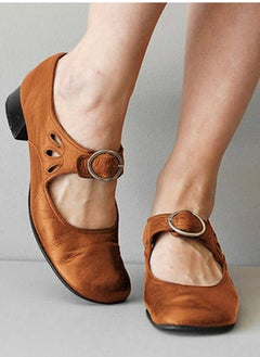 Loquat Women Round Toe Mary Janes Shoes Buckled Low Chunky Heels Work Pumps Brown  - Image 1