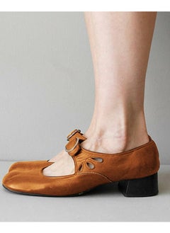 Loquat Women Round Toe Mary Janes Shoes Buckled Low Chunky Heels Work Pumps Brown  - Image 2