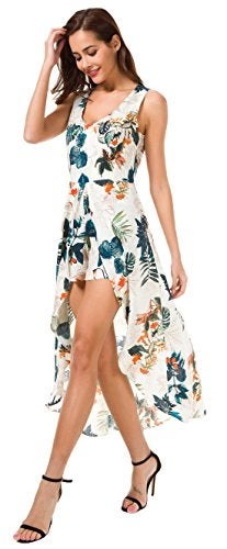Kormei Womens Sleeveless Scoop Neck Floral Rayon Party Split Maxi Romper Dress S Apricot&Blue - Image 3
