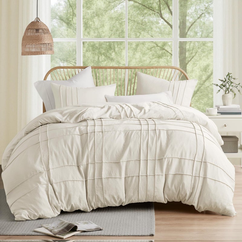 Comfort Spaces Cream King Size Duvet Cover Set - 3 Pieces Pintuck Pleated Duvet Cover, All Season Lightweight, Extra Softness Pre-Washed Microfiber King Bedding Cover Shams - Image 1
