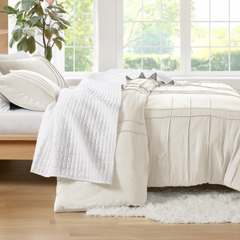 Comfort Spaces Cream King Size Duvet Cover Set - 3 Pieces Pintuck Pleated Duvet Cover, All Season Lightweight, Extra Softness Pre-Washed Microfiber King Bedding Cover Shams - Image 2