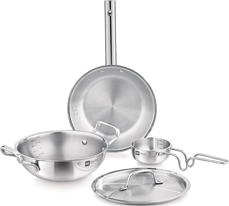 Bergner TriPro 4-Pc Triply Stainless Steel Cookware Set, 22cm Deep Stir-fry Pan Kadai Wok with Lid, 22cm Frypan, 10cm Tadka Pan, Less Oil Use Healthy Cooking Set, Even Heating, Induction & Gas Ready - Image 1