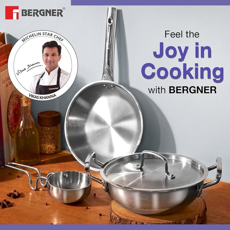 Bergner TriPro 4-Pc Triply Stainless Steel Cookware Set, 22cm Deep Stir-fry Pan Kadai Wok with Lid, 22cm Frypan, 10cm Tadka Pan, Less Oil Use Healthy Cooking Set, Even Heating, Induction & Gas Ready - Image 2
