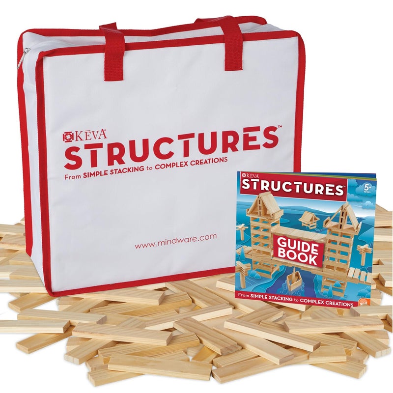 Mindware مجموعة كتل البناء الخشبية KEVA Structures 400 - تتضمن 400 لوح من خشب الصنوبر KEVA، حقيبة تخزين قماشية وكتاب أفكار ملون كامل - Image 1