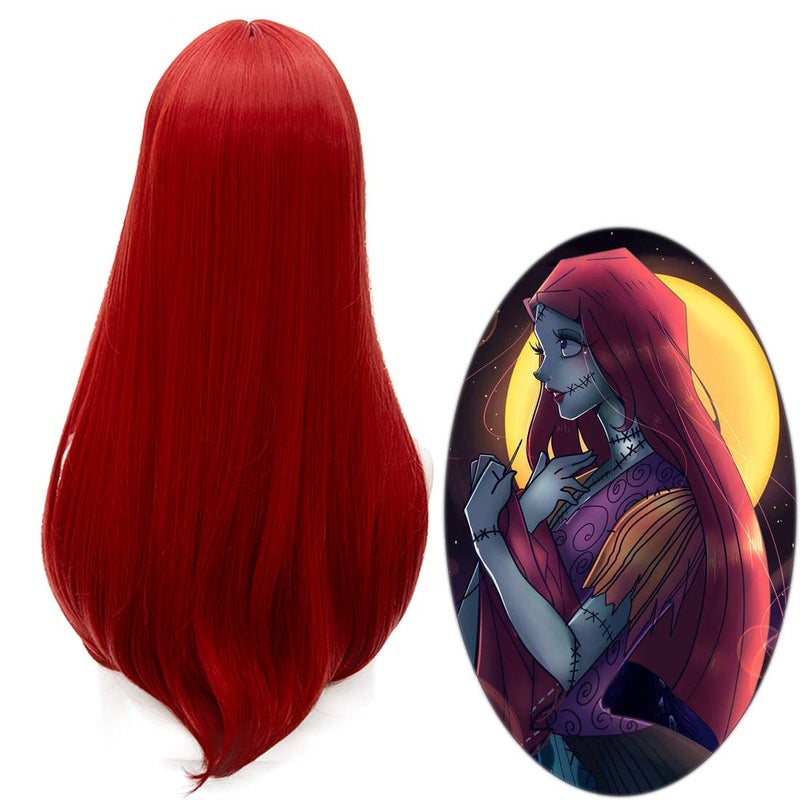 60cm Red Sally Wig for Women Long Straight Center Part Cosplay Wig for Halloween Costume Party