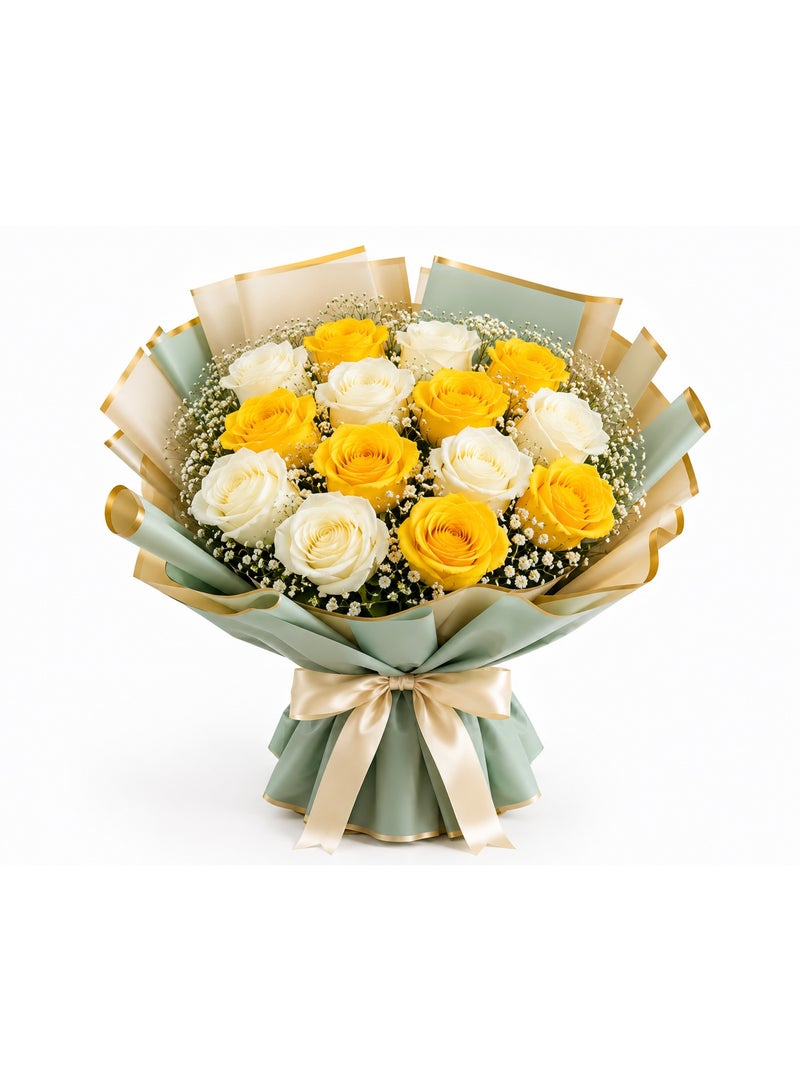 CRESCENT Flowers Fresh Rose Bouquet - 14 Yellow & White Roses with Baby's Breath, Sage Green & Champagne Wrap - Image 1