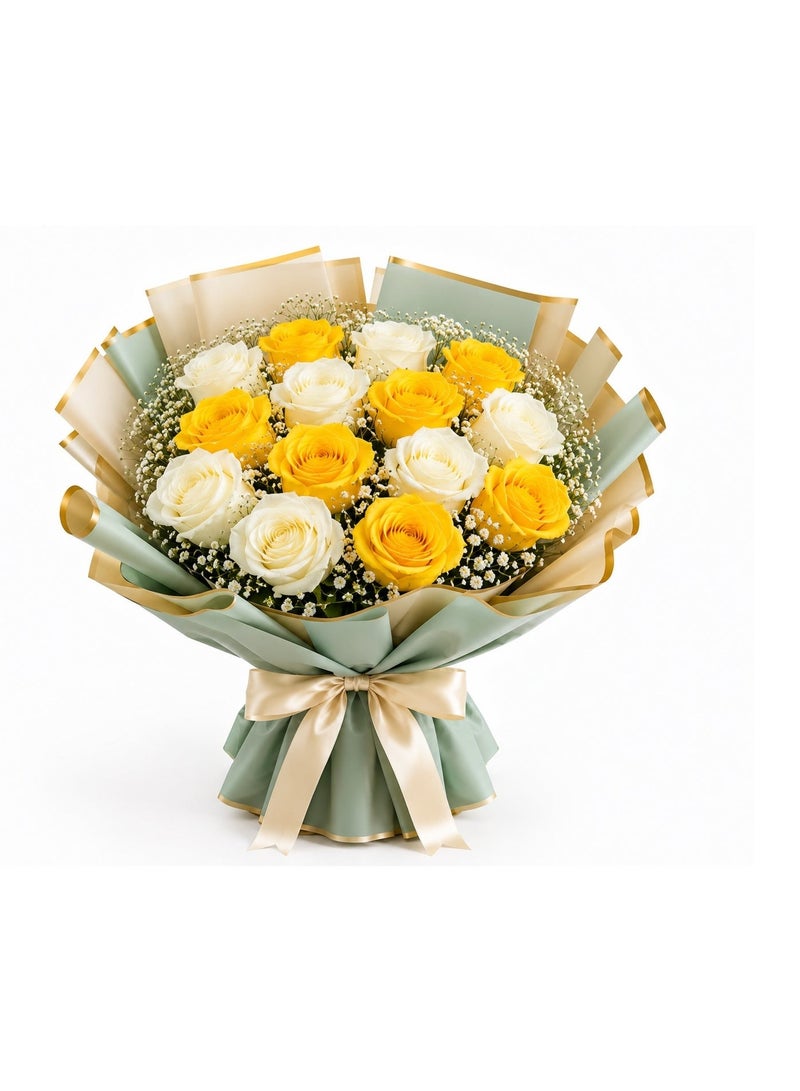 CRESCENT Flowers Fresh Rose Bouquet - 14 Yellow & White Roses with Baby's Breath, Sage Green & Champagne Wrap - Image 2