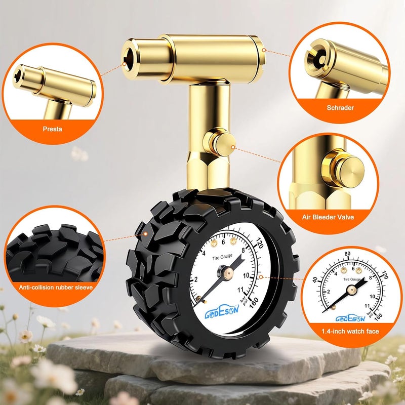 GODESON مقياس ضغط إطارات الدراجات GODEOSN بحجم 1.5 بوصة، صمام مزدوج لصمامات بريستا وشريدر، 0-160 رطل/بوصة مربعة / 11 بار مع غلاف حماية التروس، يناسب الدراجات الجبلية والطرق والدراجات الكهربائية والسيارات والدراجات النارية والشاحنات - Image 2