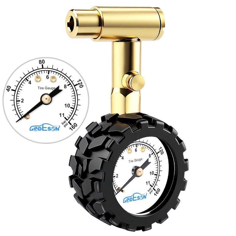 GODESON مقياس ضغط إطارات الدراجات GODEOSN بحجم 1.5 بوصة، صمام مزدوج لصمامات بريستا وشريدر، 0-160 رطل/بوصة مربعة / 11 بار مع غلاف حماية التروس، يناسب الدراجات الجبلية والطرق والدراجات الكهربائية والسيارات والدراجات النارية والشاحنات - Image 1