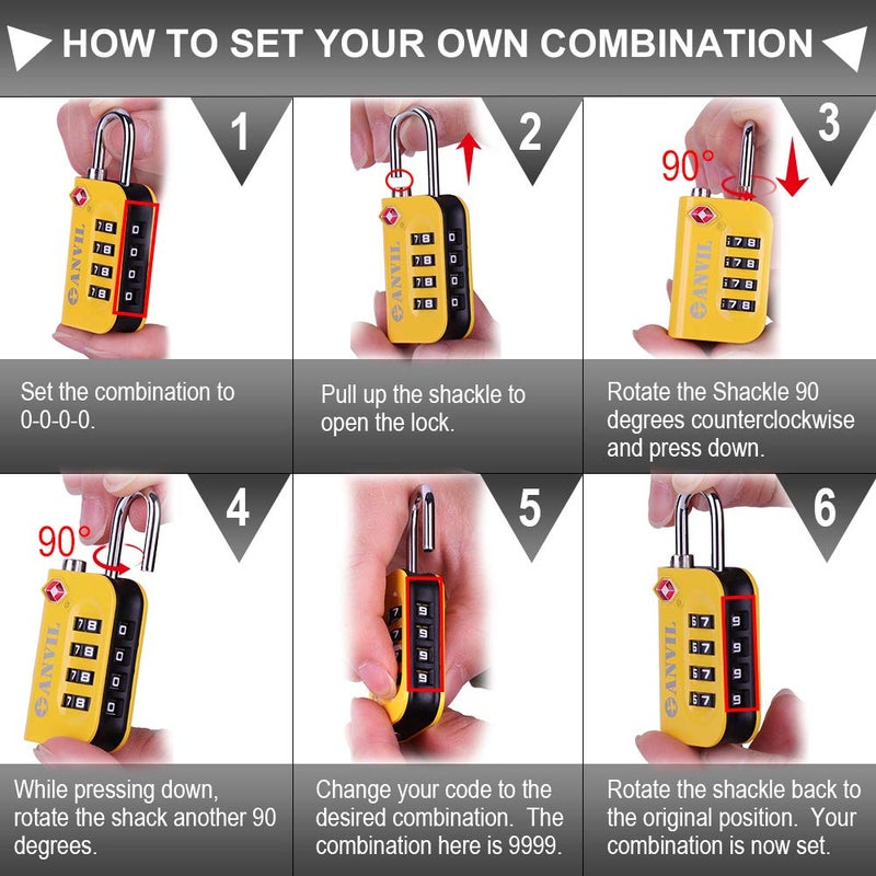 Anvil ANVIL TSA Approved Luggage Lock - 4 Digit Combination, 10,000 Combinations, Easy-Read Password Window, Travel Lock for Suitcases, Backpacks, Gym & Student Lockers, Baggage(Yellow 2 Pack)  - Image 4