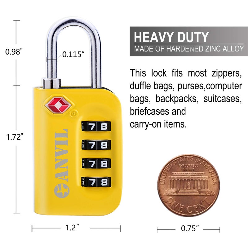 Anvil ANVIL TSA Approved Luggage Lock - 4 Digit Combination, 10,000 Combinations, Easy-Read Password Window, Travel Lock for Suitcases, Backpacks, Gym & Student Lockers, Baggage(Yellow 2 Pack)  - Image 5