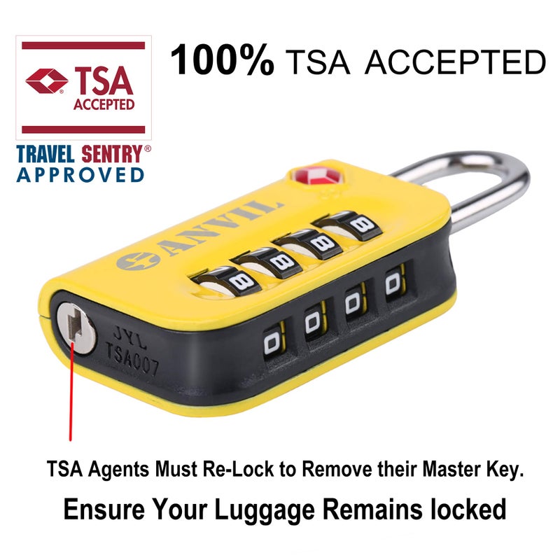 Anvil ANVIL TSA Approved Luggage Lock - 4 Digit Combination, 10,000 Combinations, Easy-Read Password Window, Travel Lock for Suitcases, Backpacks, Gym & Student Lockers, Baggage(Yellow 2 Pack)  - Image 2