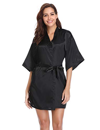 Vlazom Women's Kimono Robes Short Satin Pure Color Bridal Party Robe with Oblique V-Neck Black - Image 2