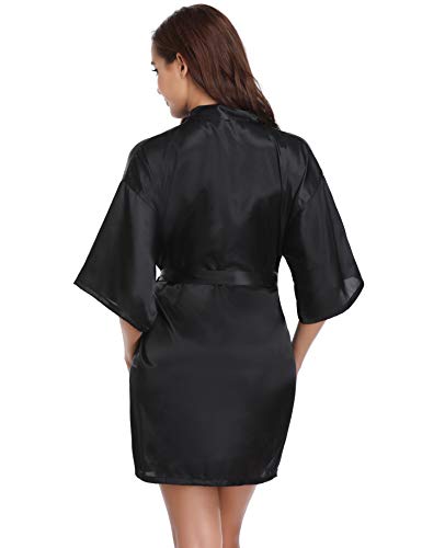 Vlazom Women's Kimono Robes Short Satin Pure Color Bridal Party Robe with Oblique V-Neck Black - Image 4