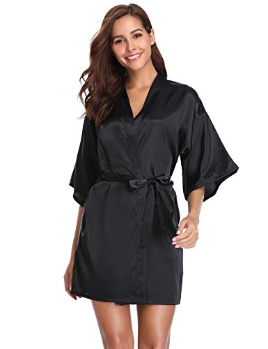 Vlazom Women's Kimono Robes Short Satin Pure Color Bridal Party Robe with Oblique V-Neck Black - Image 1
