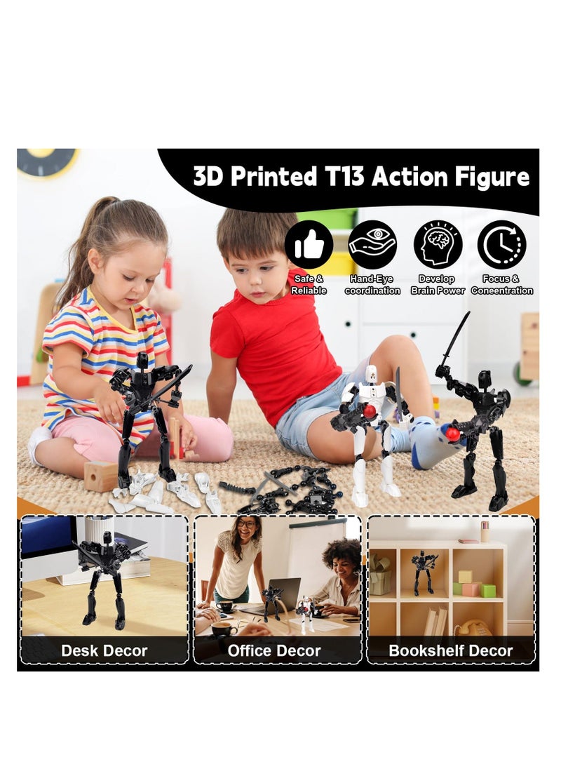KASTWAVE - شخصيات أكشن Toy Lucky 13، شخصية أكشن T13، شخصيات روبوت متحركة متعددة المفاصل، شخصيات أكشن مطبوعة ثلاثية الأبعاد، ديكورات سطح المكتب المنزلية هدايا لمحبي الألعاب، أبيض/أسود - Image 1