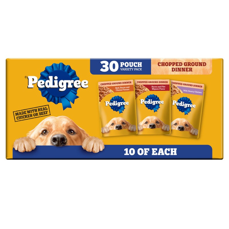 Pedigree Chopped Ground Dinner Wet Dog Food Beef & Bacon Variety Pack, (30) 3.5 oz. Pouches - Image 1
