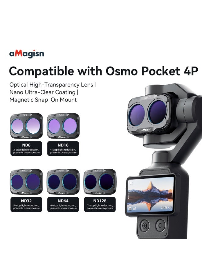 aMagisn 5PCS For DJI Osmo Pocket 4P Filter Set, Magnetic Quick Release ND Camera Lens Filter Kit ND8 ND16 ND32 ND64 ND128, Nano Coated Optical Glass for Video Shooting - Image 1
