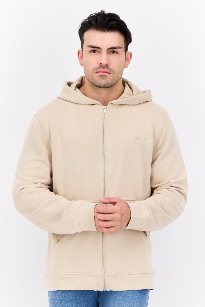 CROSSHATCH Men Embroidered Long Sleeves Hooded Sweatshirt, Beige - Image 1