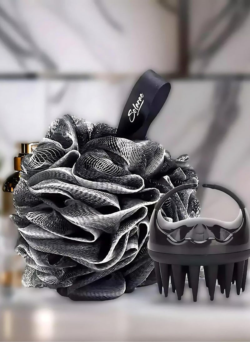 SOLARAE Charcoal Infused Scalp Brush soft Silicone Bristles and Bath Loofah Sponge Scrubber Exfoliator,  Body & Scalp Washing Scrubber for all Hair Types (BLACK) - Image 1