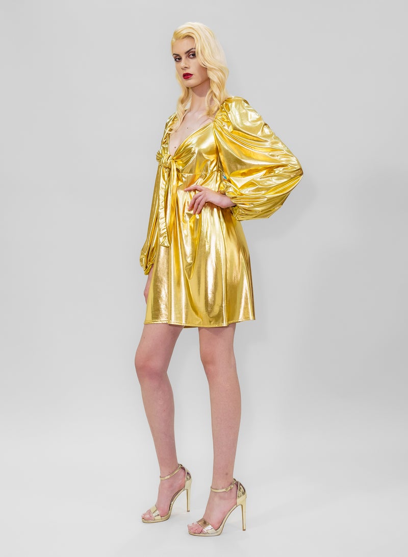 BITOLIA GALLERY Short Shiny Gold Stretch Dress  - Image 3