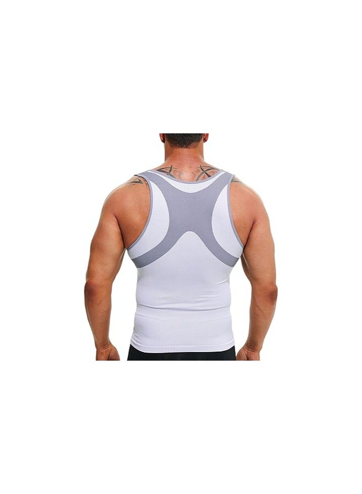 Zikra Mens Compression Shirt, Mens Slimming Body Shaper Vest, Muscle Training Tank, Undershirt Square Cut Muscle Tank, Top Workout Vest Abs Abdomen Slim, for Outdoor, Indoor Activity(XL)(Light Grey) - Image 2