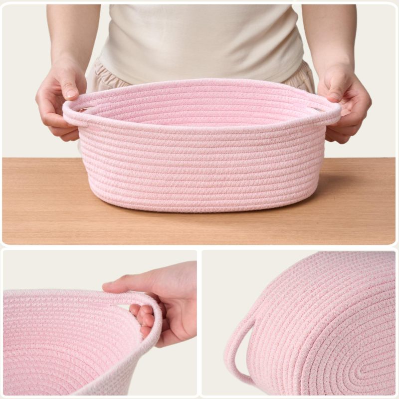 Pink Woven Gift Basket 12x8x5 Inches Complete Gift Wrapping Set - Durable Cotton Rope Construction Decorative Storage Basket for Valentine's Day Baby Shower - Image 5