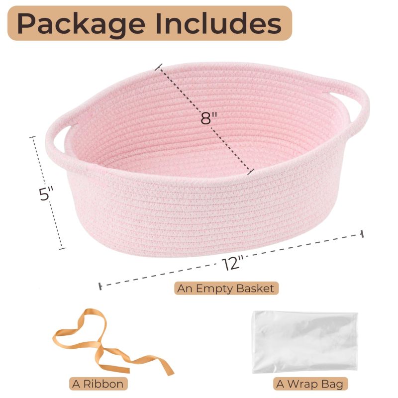 Pink Woven Gift Basket 12x8x5 Inches Complete Gift Wrapping Set - Durable Cotton Rope Construction Decorative Storage Basket for Valentine's Day Baby Shower - Image 2