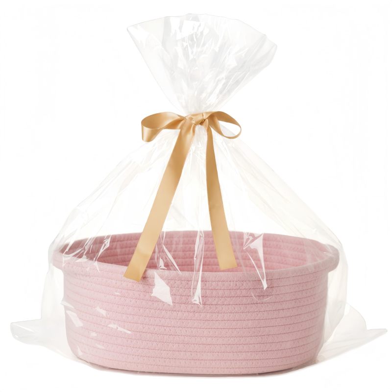Pink Woven Gift Basket 12x8x5 Inches Complete Gift Wrapping Set - Durable Cotton Rope Construction Decorative Storage Basket for Valentine's Day Baby Shower - Image 1