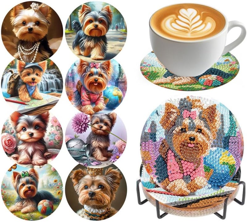 croshom Dogs Diamond Art Coasters Kits, 8 Pieces Puppy Diamond Painting Coasters with Holder, Diamonds Art Painting Kits, 5D DIY Diamonds Arts Kit for Adults Gift - Image 1