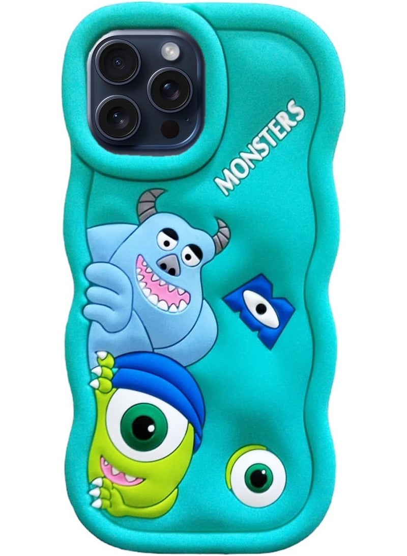 بطانة سيليكون من الألياف الدقيقة ثلاثية الأبعاد بتصميم لطيف لهاتف آيفون 15 بروماكس (رسوم متحركة للوحوش) (فيروزي)