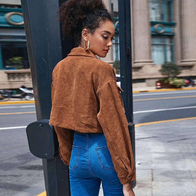 Women's Casual Corduroy Long Sleeve Jacket with Turn-down Collar and Pleated Pockets - Image 2