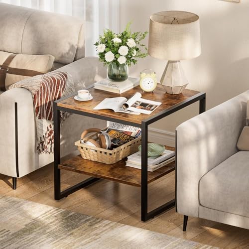 OGFC 36136 End Table, 20 Inch Square Side Table Modern Night Stand with 2-Tier Storage Shelf, Living Room Small Coffee Table, Wood Finish Bedside Table for Bedroom - Image 2