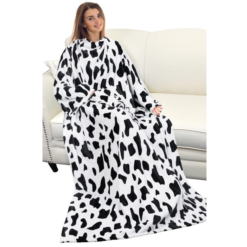 Catalonia Cow Print Wearable Blanket with Sleeves and Pocket Cozy Soft Fleece Mink Micro Plush Wrap Throws Blanket Robe for Women and Men