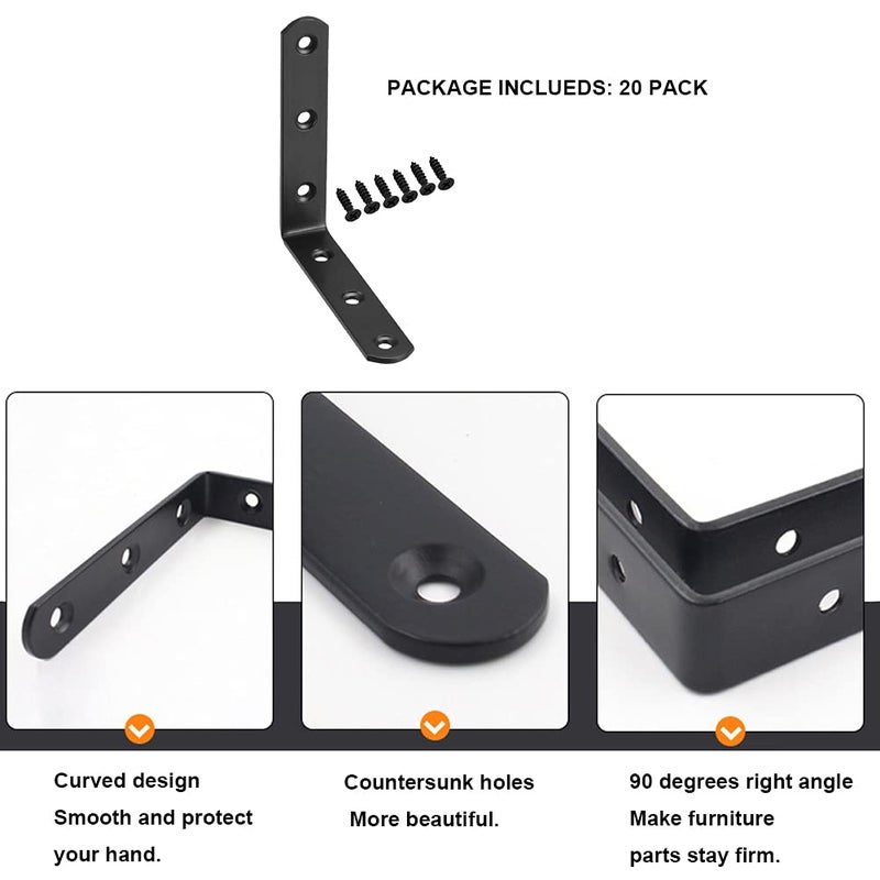 AYSUM 20PCS Black L Brackets 3.1"x3.1", Heavy Duty Corner Brace Right Angle Bracket 80X80MM for Wood Chair Bookshelf Cabinets Furniture, Included 120 Screws - Image 4