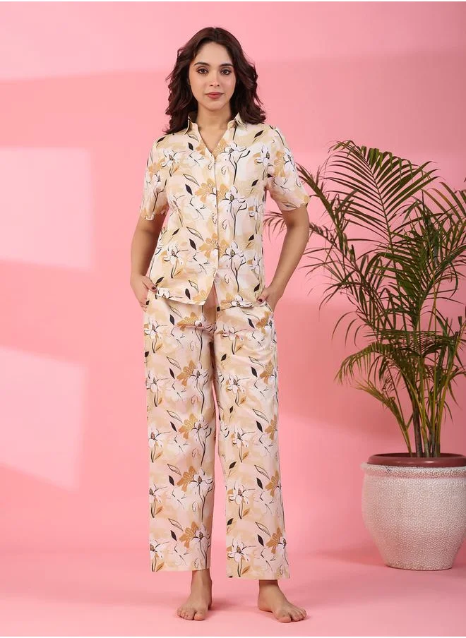 سانسكريتي هومز Cotton Floral Print Shirt & Pyjama Set