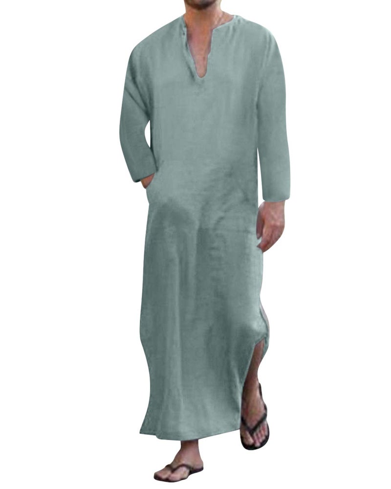 Jacansi Men's Middle Eastern Casual Kaftan Solid Long Robe with Side Pockets Green #1M - Image 1