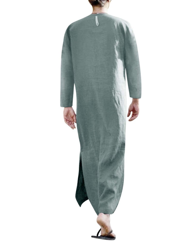 Jacansi Men's Middle Eastern Casual Kaftan Solid Long Robe with Side Pockets Green #1M - Image 2