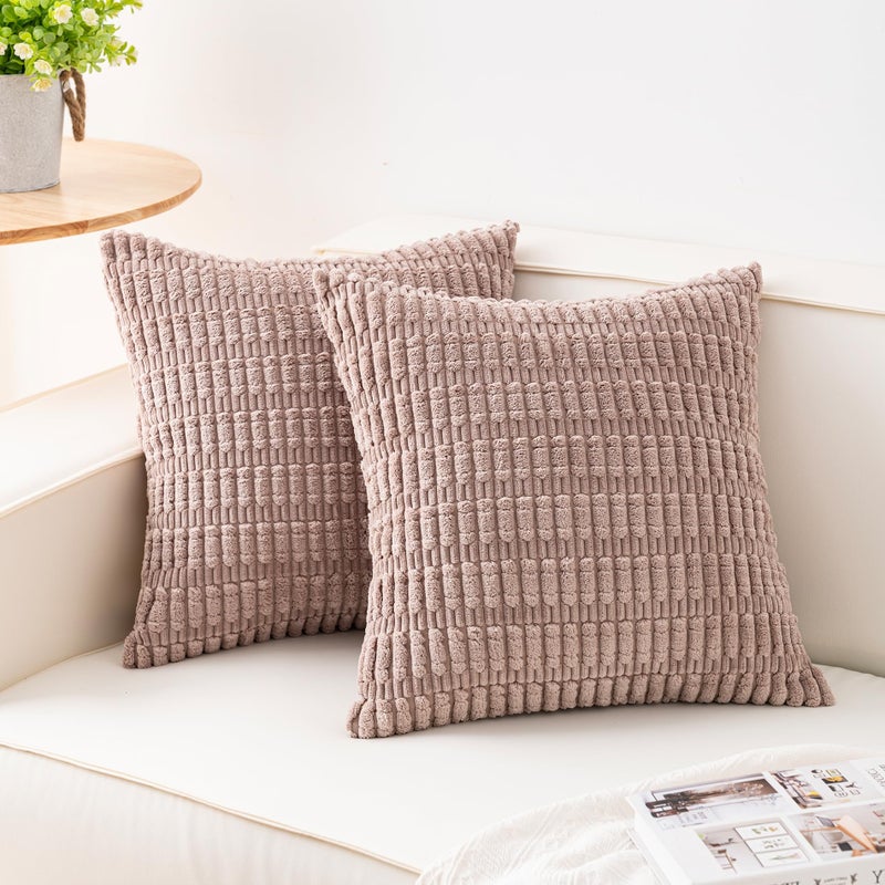 Aegero Pack of 2 Corduroy Decorative Throw Pillow Covers 18x18 InchSoft Striped Pillow Covers Modern Farmhouse Home Decor for Sofa Living Room Couch Bedï¼ˆLight Brownï¼‰ - Image 1