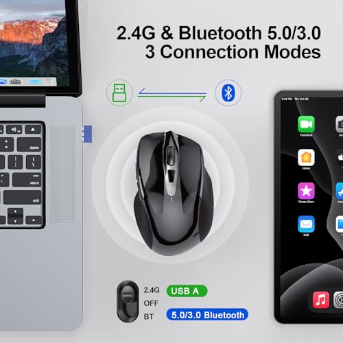 TECKNET ماوس تيكنيت اللاسلكي (BT5.0/3.0 و 2.4G) قابل لإعادة الشحن 4800 DPI صامت USB A وماوس بلوتوث 6 أزرار، توافق واسع - أسود - Image 2