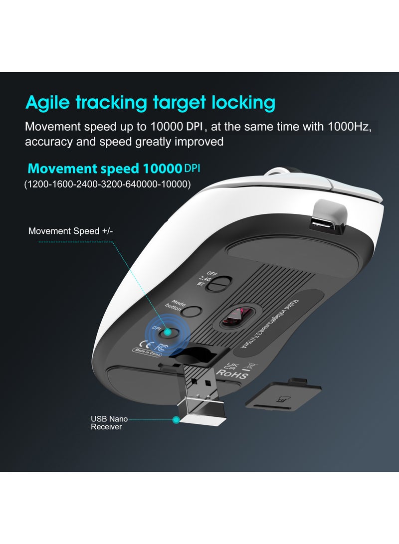 Rock Pow Wireless Gaming Mouse,Superlight 49g Tri-Mode Bluetooth/2.4G/Wired Mouse,Optical Sensor Adjustable 10000 DPI, Ergonomic Design BT5.3 Rechargeable Gaming Mice for PC/Mac/Laptop,White - Image 4