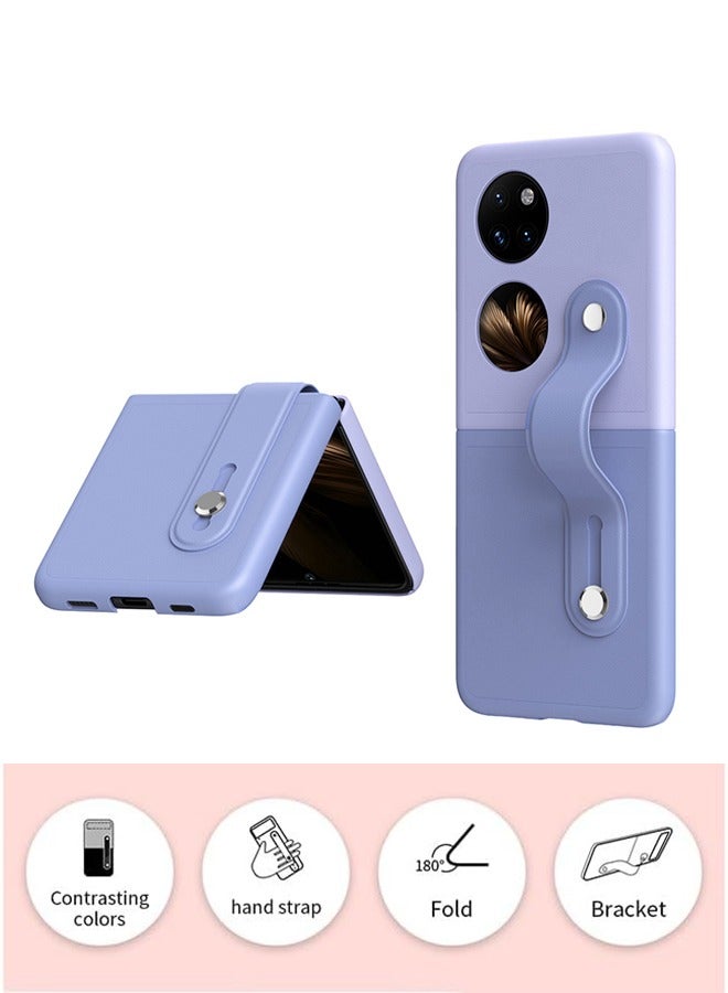 GKK Phone Colourful Leather Case for Huawei P50 POCKET with Retractable Finger Strap Handheld Design Ultra Thin PC Shockproof Stand Case Cover Full Body Protective Phone Case（Deep Purple+Light Purple) - Image 2