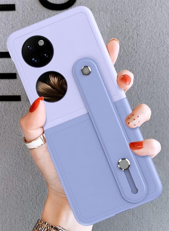 GKK Phone Colourful Leather Case for Huawei P50 POCKET with Retractable Finger Strap Handheld Design Ultra Thin PC Shockproof Stand Case Cover Full Body Protective Phone Case（Deep Purple+Light Purple) - Image 5