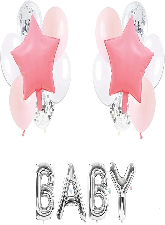 Secret Balloon Baby Shower Party Decorations, Script Phrase Foil Balloon for New Born Baby Theme Party Supplies, Baby Shower backdrop, Pastel Pink Star Balloons