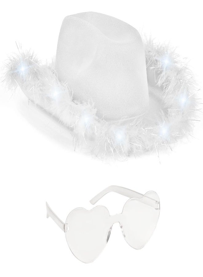 Funcredible White Cowboy Hat and Glasses - Light Up Cowgirl Hat for Girls - Cowboy Hats with Feathers - Taylor Costume - Halloween Hats for Women - Image 1