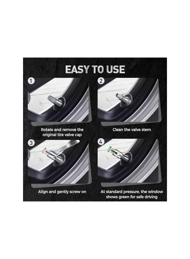 S-TOP 4 PCS Tire Pressure Monitoring Valve Caps 2.4 Bar 36 PSI 3-Color Visual Alert Universal for Most Cars Motorcycles E-Bikes Silver - Image 4