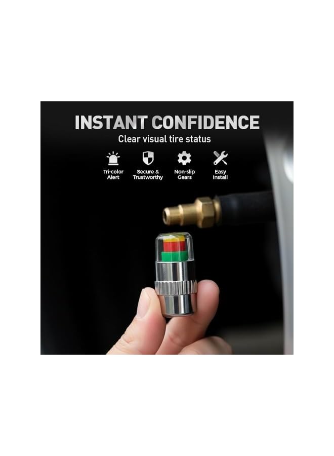 S-TOP 4 PCS Tire Pressure Monitoring Valve Caps 2.4 Bar 36 PSI 3-Color Visual Alert Universal for Most Cars Motorcycles E-Bikes Silver - Image 1