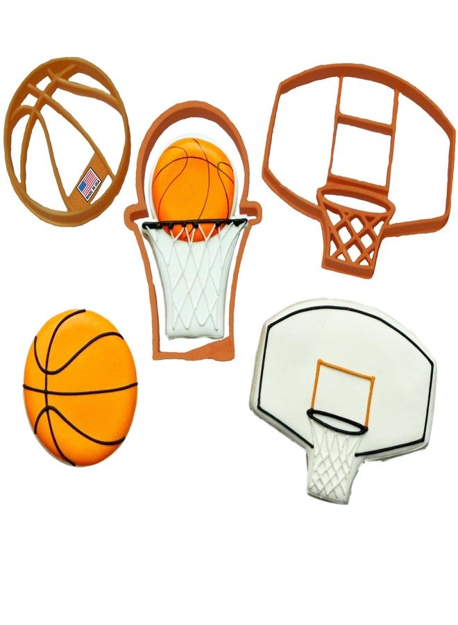 Heart's Treasure قوالب تقطيع بسكويت على شكل كرة سلة من American Hoops Sport، لعبة كرة السلة، لوحة خلفية وكرة سلة داخل حلقة، قوالب تقطيع بسكويت مصنوعة في الولايات المتحدة الأمريكية لأعياد الميلاد والتخرج (عبوة من 3 قطع) - Image 1