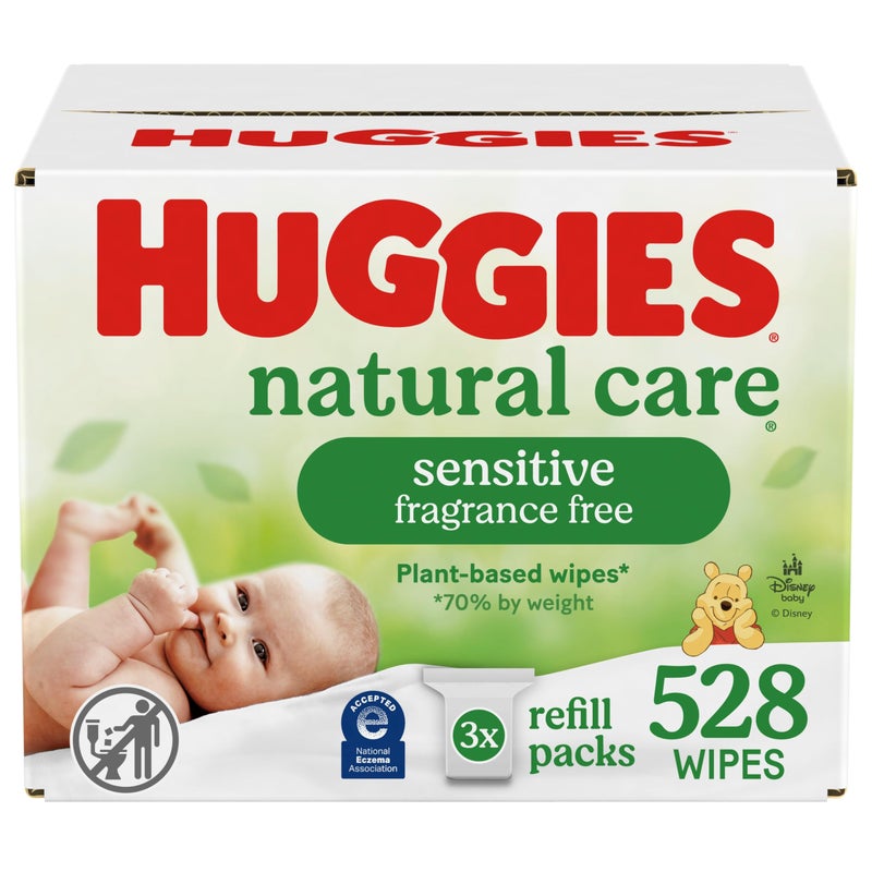 Huggies Natural Care Sensitive Baby Wipes, Unscented, Hypoallergenic, 99% Purified Water, 3 Refill Packs (528 Wipes Total) - Image 1