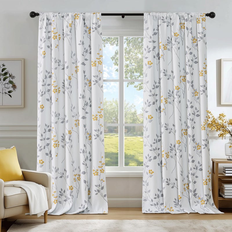 Beauoop Floral 100% Blackout Curtains 63 Inch Length 2 Panels for Bedroom Living Room Yellow Grey and White Flower Patterned Room Darkening Thermal Soundproof Rod Pocket Back Tab Window Drapes, 52X63 - Image 1